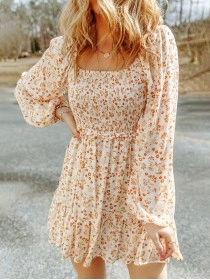 Apricot Boho Floral Smocked Puff Sleeve Mini Dress