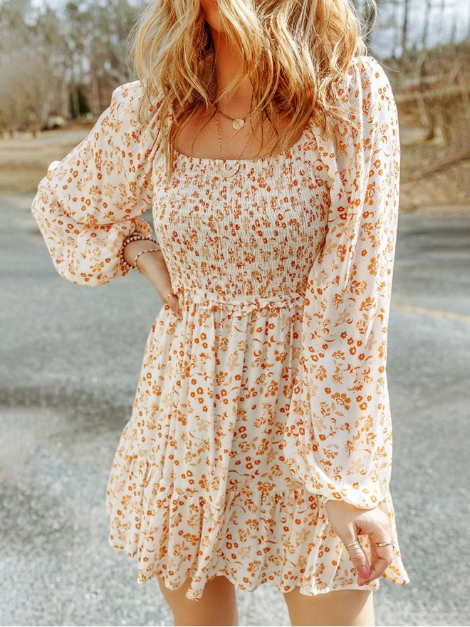 Apricot Boho Floral Smocked Puff Sleeve Mini Dress