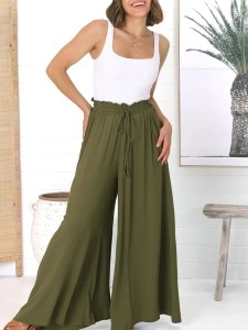 Army green cotton hemp vacation pants wide-leg pants