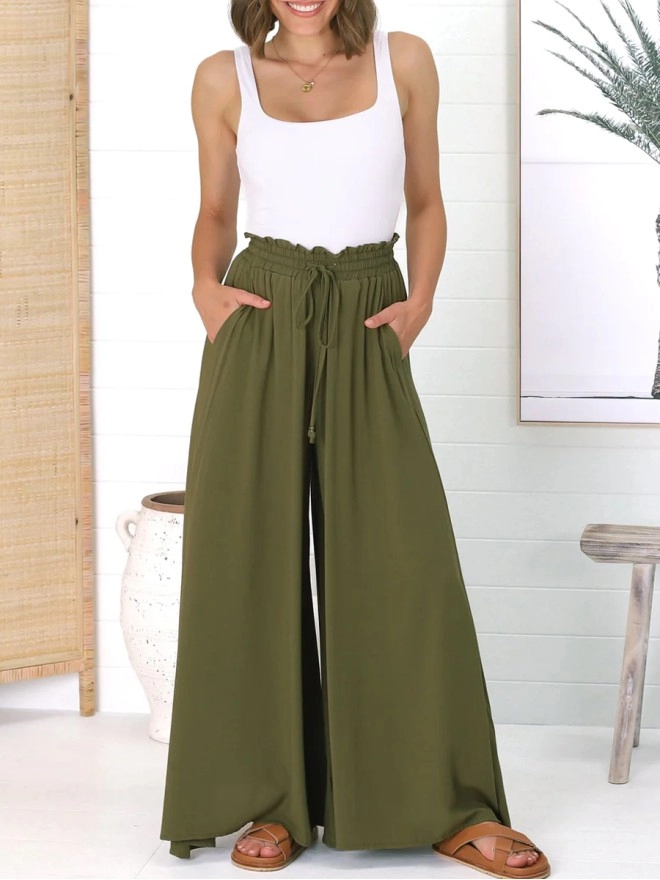 Army green cotton hemp vacation pants wide-leg pants