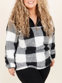 Black and white plaid patchwork zippered hoodie