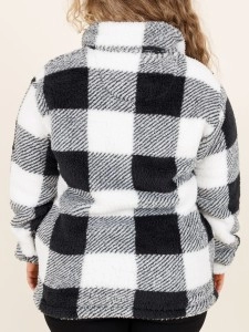 Black and white plaid patchwork zippered hoodie