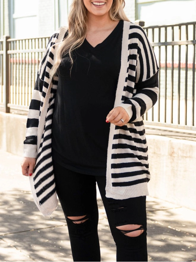 Black and white striped knitted cardigan