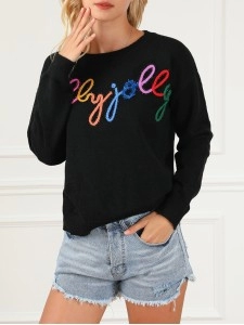 Black Holly Jolly Round Neck Casual Sweater