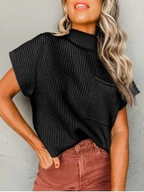 Black Patch Pocket Ribbed Knit Short Sleeve Sweater