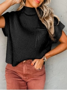 Black Patch Pocket Ribbed Knit Short Sleeve Sweater