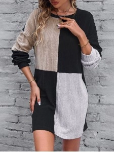 Black Ribbed Color Block Drop Shoulder Long Sleeve Mini Dress