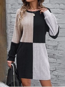 Black Ribbed Color Block Drop Shoulder Long Sleeve Mini Dress