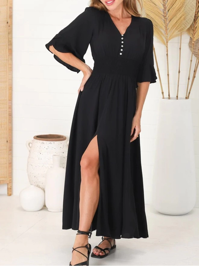 Black V-neck waist boho simple dress