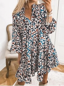 Blue Leopard Print Bubble Sleeve Ruffled Shirt Dress