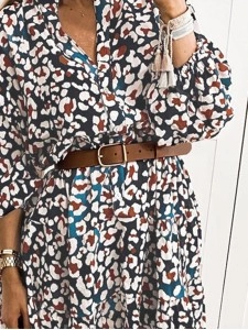 Blue Leopard Print Bubble Sleeve Ruffled Shirt Dress