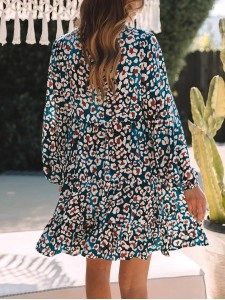 Blue Leopard Print Bubble Sleeve Ruffled Shirt Dress