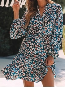 Blue Leopard Print Bubble Sleeve Ruffled Shirt Dress