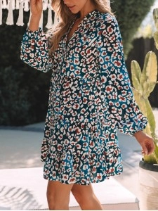 Blue Leopard Print Bubble Sleeve Ruffled Shirt Dress