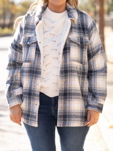 Blue plaid pattern pocket loose plush jacket