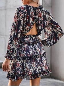 Blue Ruffle Detailing Open Back Floral Dress