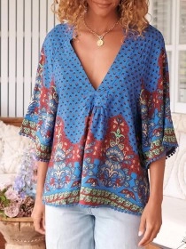 Boho V-neck position-print shirt