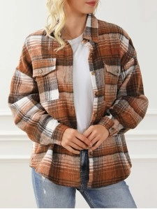 Brown Plaid Flap Pockets Shacket