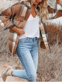 Brown Plaid Flap Pockets Shacket