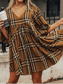 Brown Plaid Pattern Empire Waist Babydoll Dress