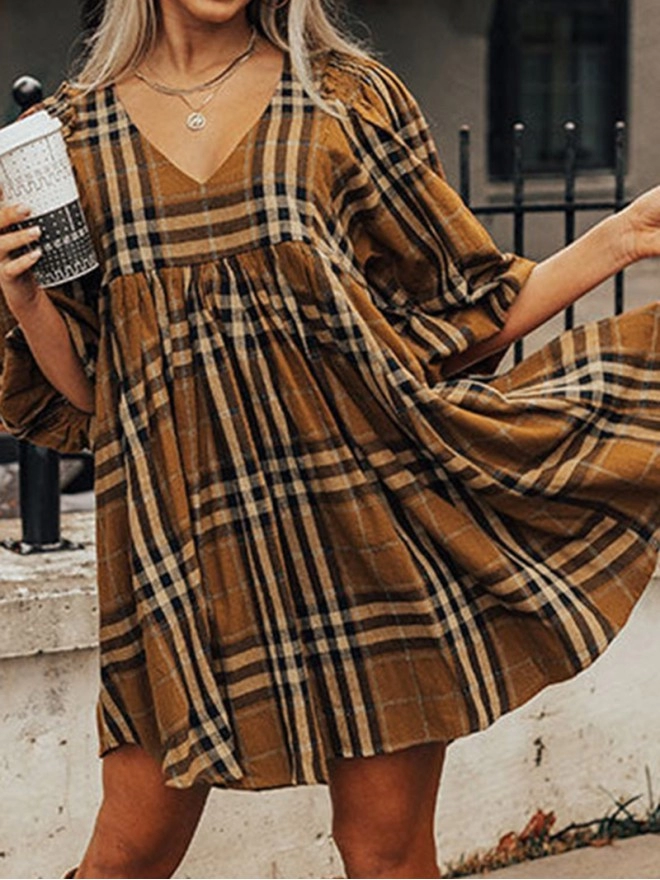 Brown Plaid Pattern Empire Waist Babydoll Dress