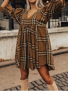 Brown Plaid Pattern Empire Waist Babydoll Dress