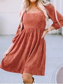 Brown Suede Square Neck Puff Sleeve Dress