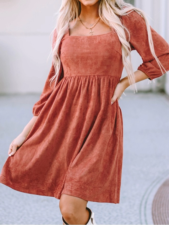 Brown Suede Square Neck Puff Sleeve Dress