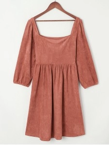 Brown Suede Square Neck Puff Sleeve Dress