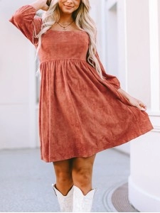 Brown Suede Square Neck Puff Sleeve Dress