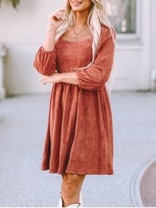 Brown Suede Square Neck Puff Sleeve Dress