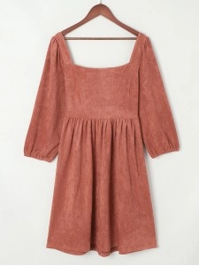 Brown Suede Square Neck Puff Sleeve Dress