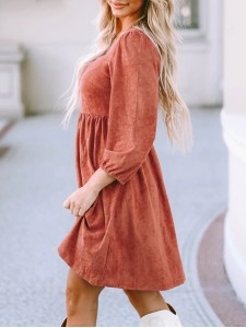 Brown Suede Square Neck Puff Sleeve Dress