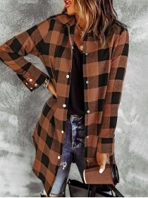 Brown Turn-down Collar Plaid Shirt Coat