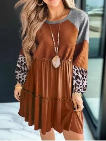 Brown Waffle Knit Leopard Patchwork Long Sleeve Dress