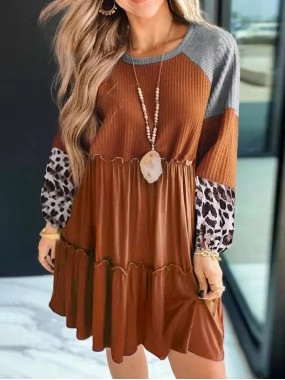 Brown Waffle Knit Leopard Patchwork Long Sleeve Dress