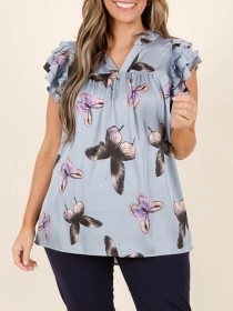 Butterfly printed layered ruffled short sleeved shirt