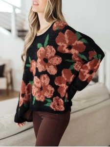 Casual contrasting floral pattern solid color sweater