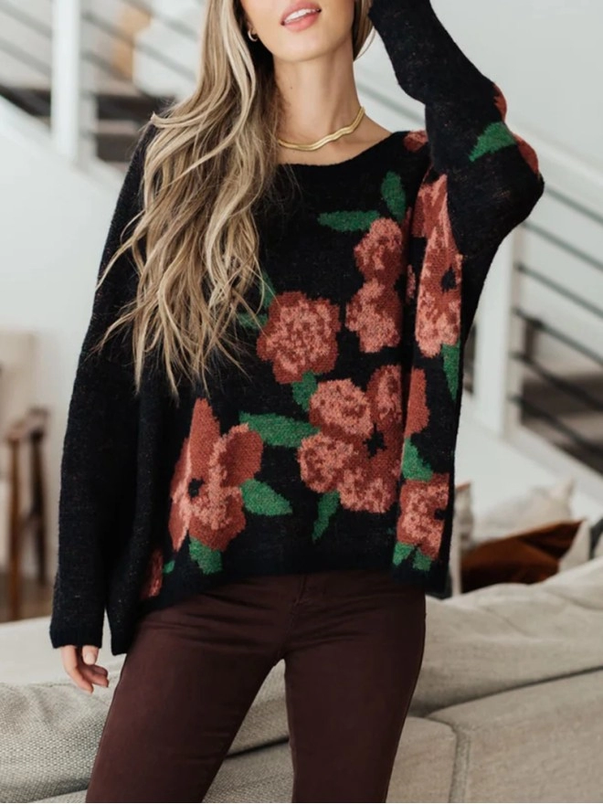 Casual contrasting floral pattern solid color sweater