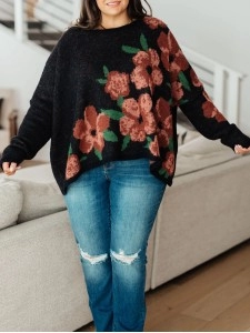 Casual contrasting floral pattern solid color sweater