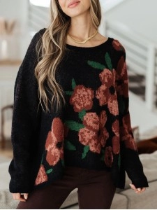 Casual contrasting floral pattern solid color sweater