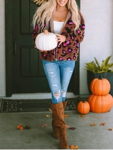 Casual contrasting leopard print sherpa jacket