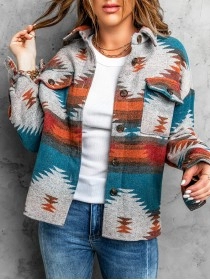 Casual ethnic print pocket long sleeve jacket