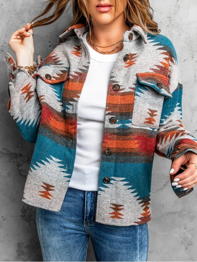 Casual ethnic print pocket long sleeve jacket