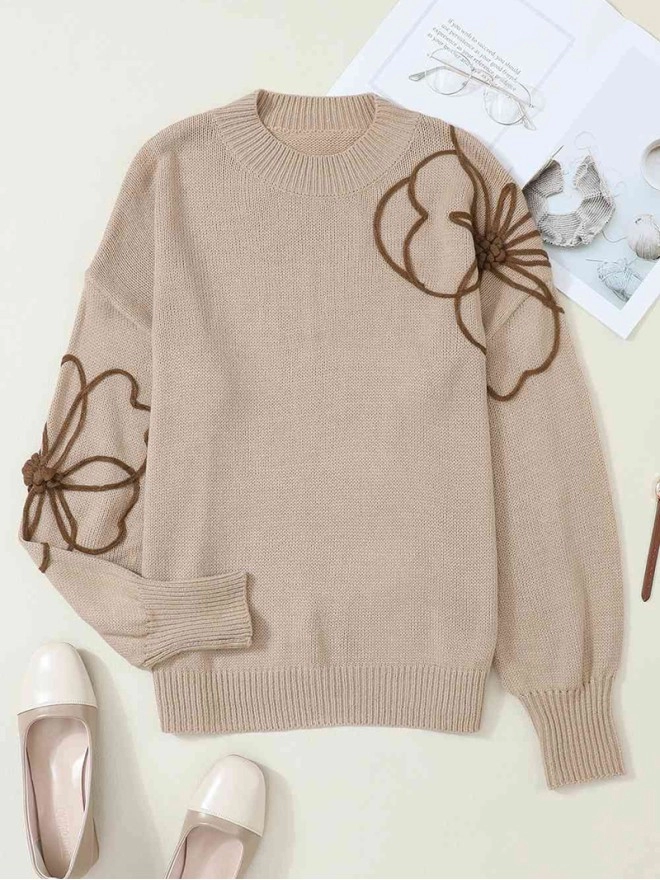 Casual floral pattern solid color sweater