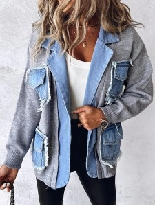 Casual knitted patchwork denim jacket