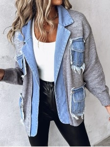 Casual knitted patchwork denim jacket