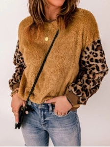 Casual leopard print patchwork plush sweatshirt