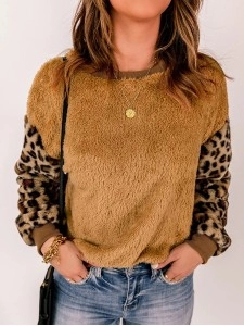 Casual leopard print patchwork plush sweatshirt