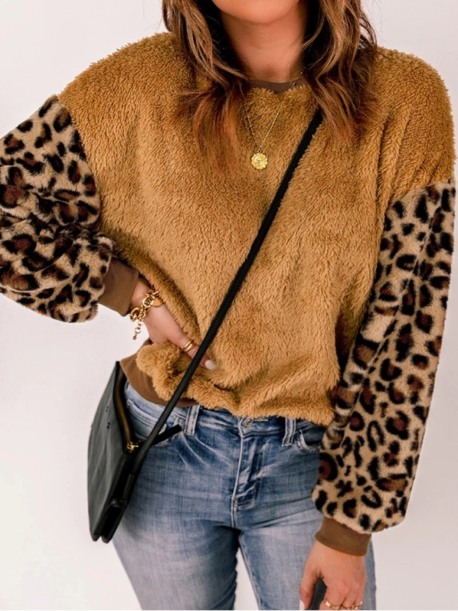 Casual leopard print patchwork plush sweatshirt